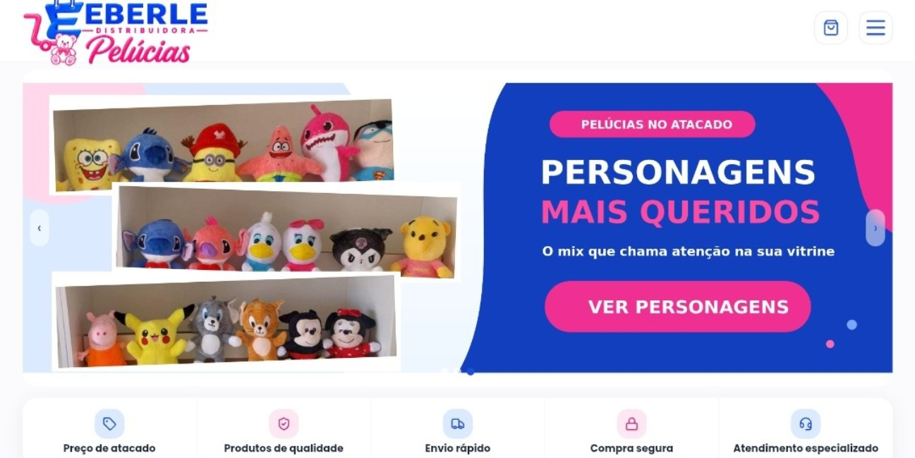 Real screenshot of Eberle Pelúcias homepage with plush product banner.