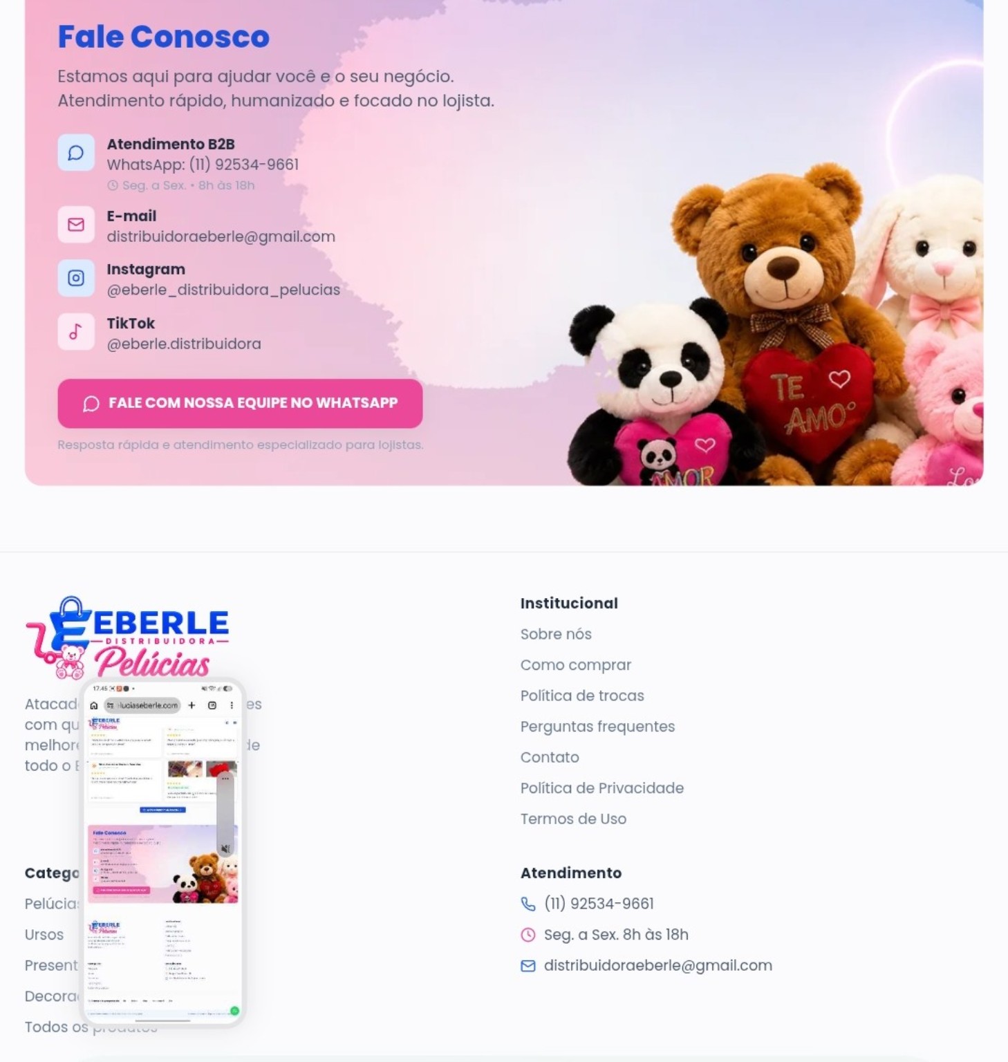Real screenshot of the Eberle Distribuidora contact section